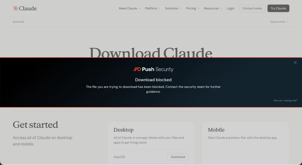 Push Security browser controls blocking a high-risk file download before execution, showing how in-browser enforcement stops initial access attempts.