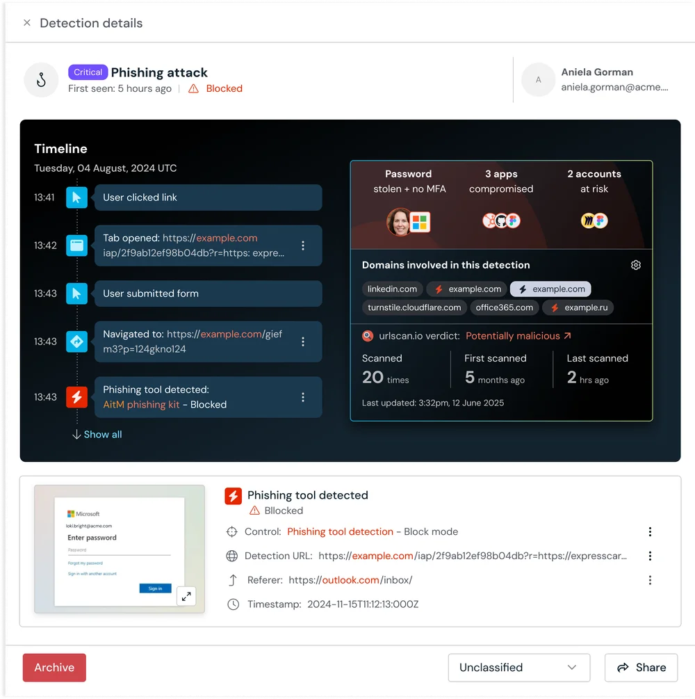 Push Security real-time browser alert detecting zero-day phishing behavior and blocking credential theft before the user submits their login details.