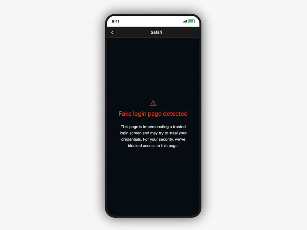 Push Security blocking a fake login page opened from a QR code phishing link on a mobile browser, detecting credential harvesting in real time.
