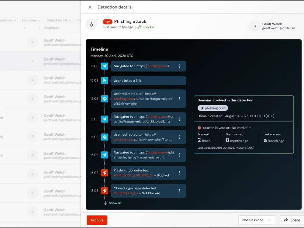 Push Security incident investigation view showing detailed browser session telemetry including page loads, credential submissions, and login flows used to reconstruct an attack.