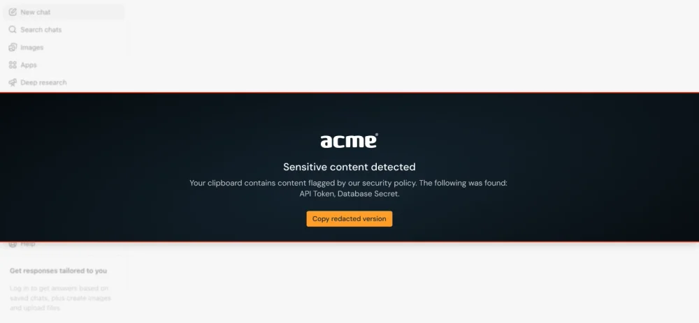Product image displaying sensitive clipboard content being detected and blocked