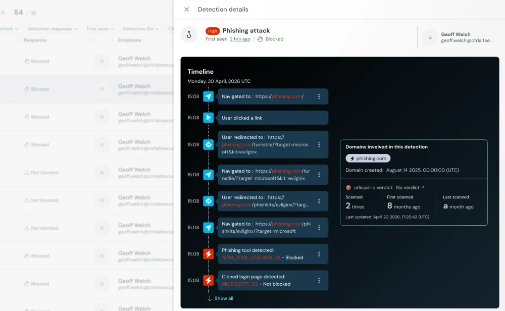 Product screenshot showing how traditional security tools lack visibility into AiTM attacks occurring inside the browser session.