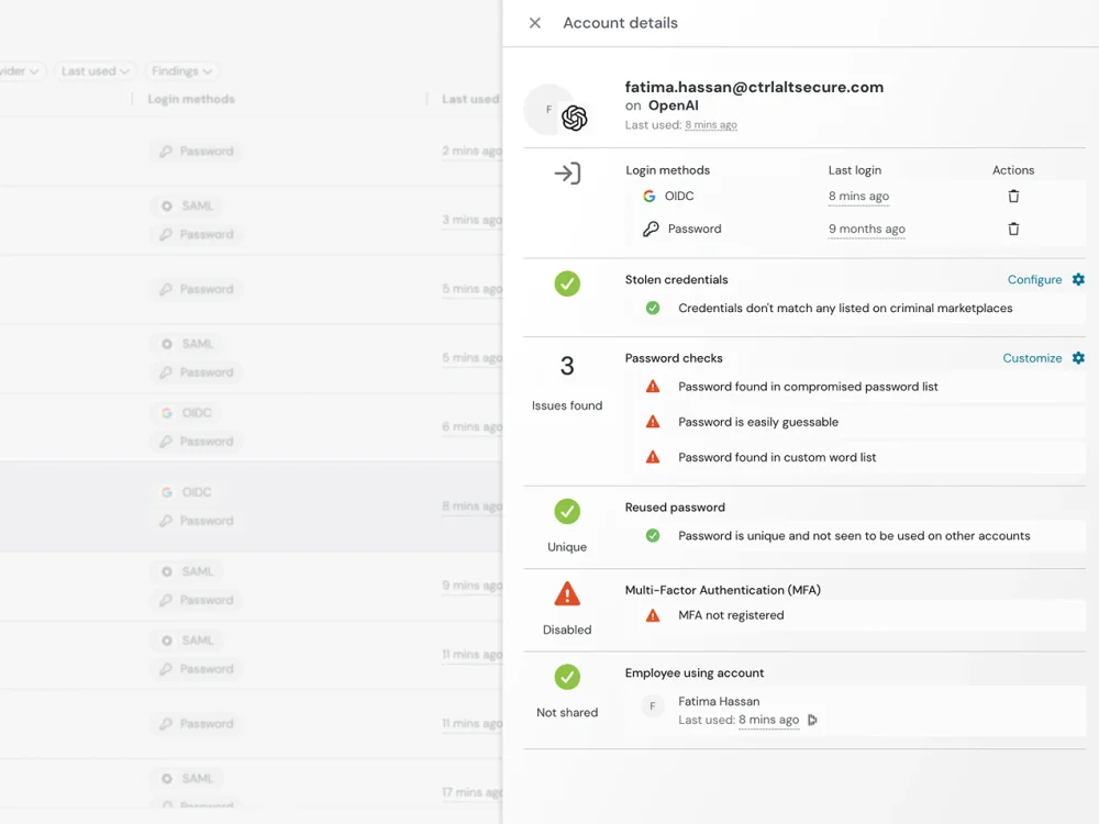 Push Security account detail view exposing a ghost login path where a local credential remains active outside SSO on a SaaS application.