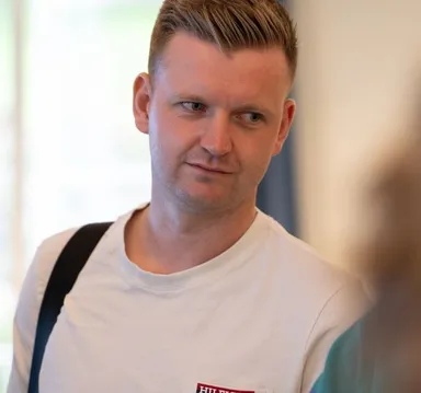 A Push Security employee listening during a team exercise