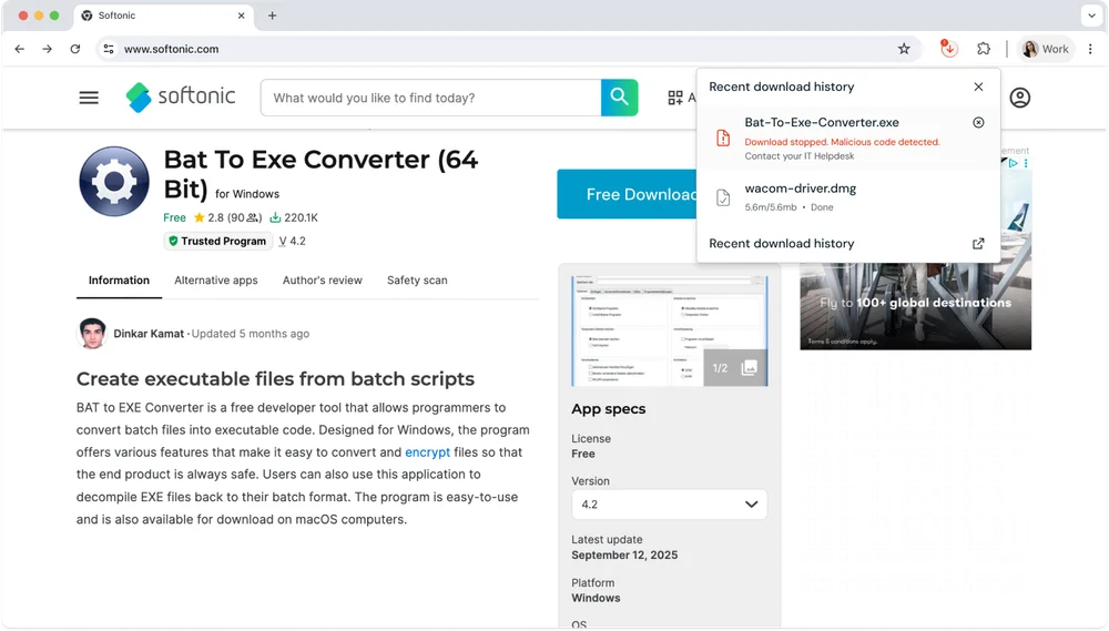 Push Security browser controls blocking a high-risk file download before execution, showing how in-browser enforcement stops initial access attempts.