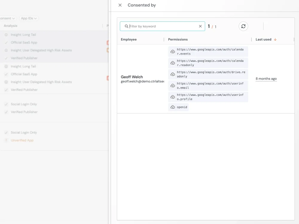 Push Security OAuth detection alert flagging a high-risk consent phishing attempt requesting excessive application permissions in the browser.