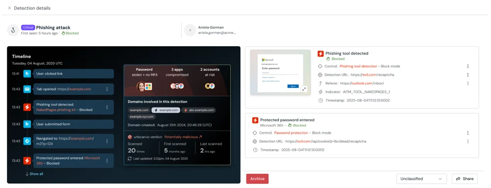 Push Security real-time browser alert detecting zero-day phishing behavior and blocking credential theft before the user submits their login details.