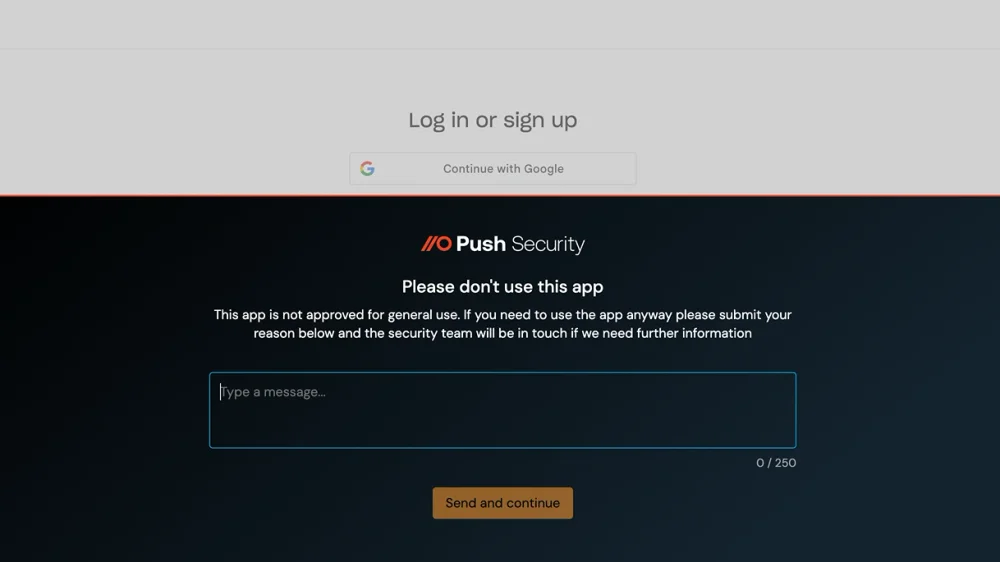 Push Security applying browser guardrails to block access to a high-risk shadow SaaS application and guide users toward safer authentication practices.