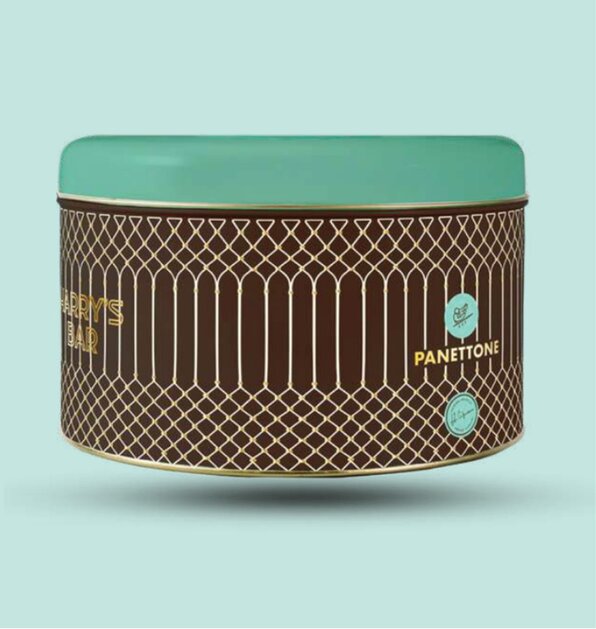 Cipriani panettone with chocolate chips in a metal tin