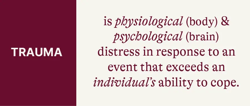 Image contains the definition of trauma: Trauma is physiological (body) and psychological (brain) distress in response to an event that exceeds and individual's ability to cope.