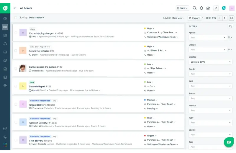 A freshworks dashboard displaying a list of customer support tickets with various statuses and filters on the right.