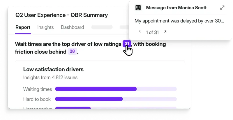 A Research Hub report for Q2 User Experience QBR Summary showing a traceable finding — wait times as the top driver of low ratings with 31 supporting sources — with a Intercom message quote visible on click.