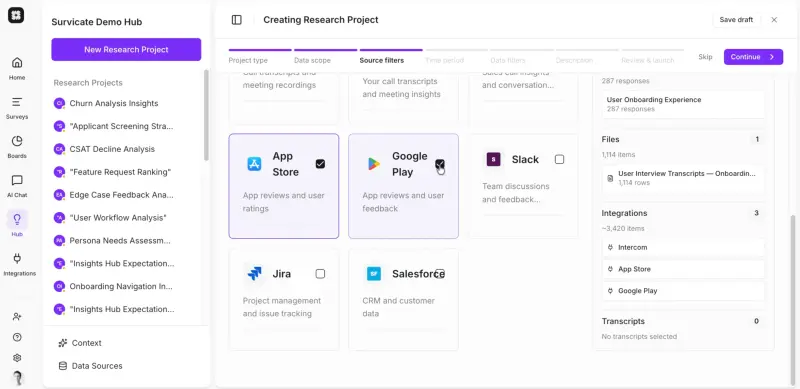 Selecting feedback sources to base the report on.