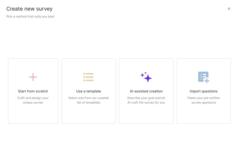 Four ways to create a new survey using Survicate. The four ways to create a new survey are: starting from scrath, using a template, using an AI builder, and importing survey questions.