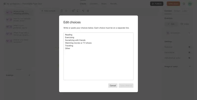 Hidden choices when adding a multi-select question in Typeform.