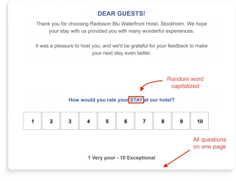 Post-stay survey from Radisson Blu Waterfront Hotel Stockholm, with all questions on one page, a 1 to 10 scale, and the word "STAY" randomly capitalized, flagged with red annotations.