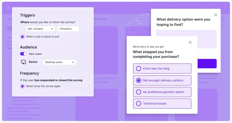 Deep targeting options in Survicate presented, with examples of choosing specific URLs, audience, or device and frequency of the survey.