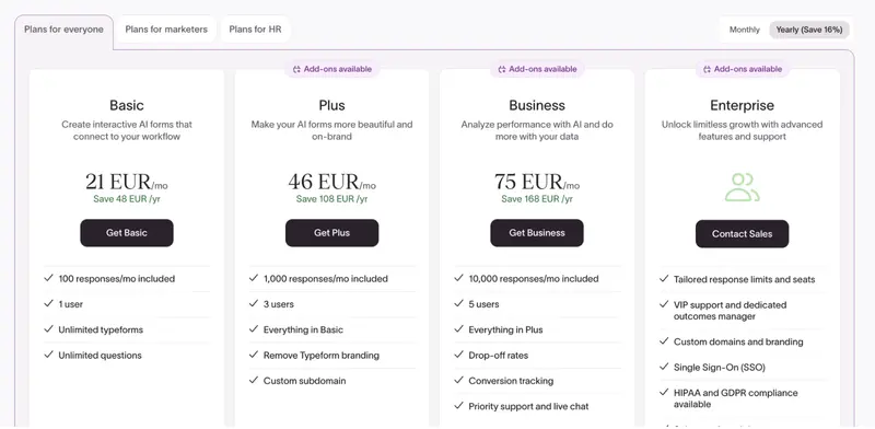 Pricing plans for Typefrom, a customer experience tool, detailing features and costs across Basic, Plus, Business, and Enterprise tiers.