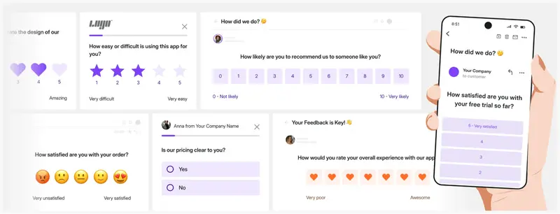 A collage of various feedback forms and surveys, including star ratings and NPS, showcasing  a customer experience tool from Survicate. A phone displays a satisfaction survey.