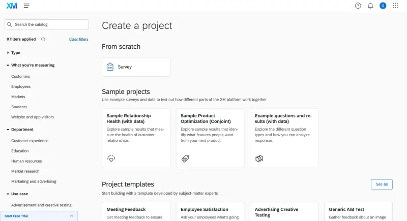 View of creating a new survey project in Qualtrics
