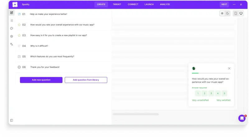 Survicate survey editor for a Spotify experience survey, with a satisfaction rating, a playlist-creation ease question that branches into a "why is it difficult?" follow-up, and a preview using tappable 1 to 5 buttons styled in Spotify green with the logo.
