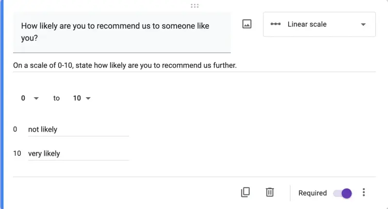 Adding a rating scale question in Google Forms.