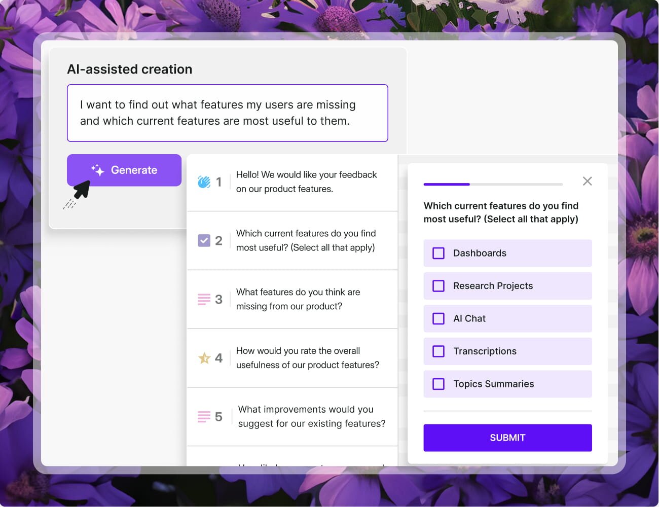 Survey tool for marketing teams - AI survey creator in-product shot of Survicate's survey's being generated by AI