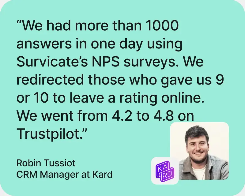 Customer story showing boosting review sites ratings by identifying NPS promoters with Survicate