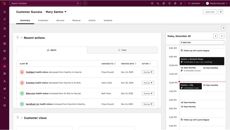 HubSpot Service Hub dashboard showing customer success alerts and a daily schedule with tasks for Mary Santos.