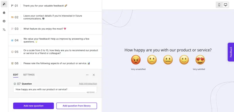 Creating a new survey in Survicate - example survey questions.