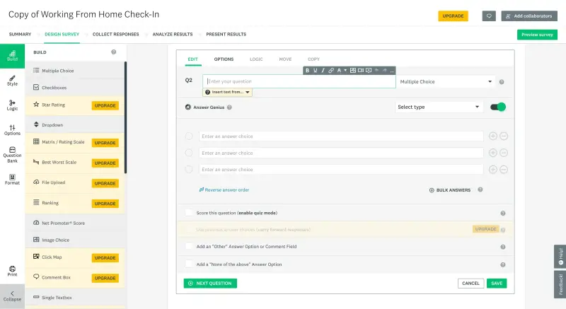 Adding a new question to a survey in SurveyMonkey and its complex-looking settings.