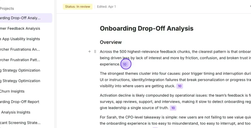 Analzying generated insights with links to specific quotes and sources to avoid hallucinations.