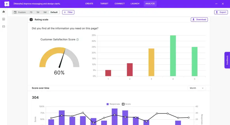 Example data analysis in Survicate showing the Customer Satisfaction Score and a bar chart.