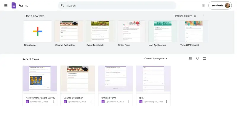 Google Forms - main view with all the surveys we