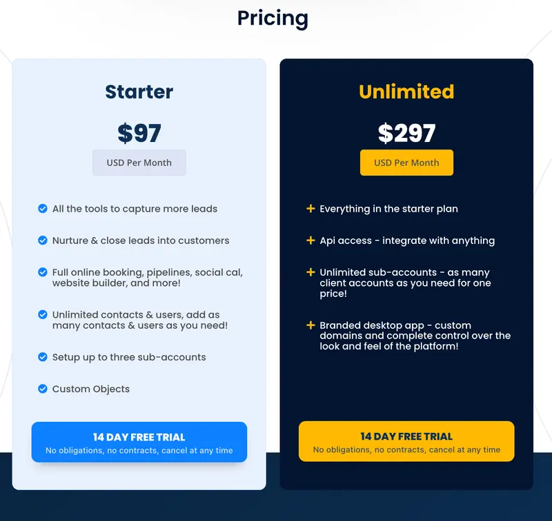 Go High Level pricing options: Starter at $97/month and Unlimited at $297/month, both with a 14-day free trial.