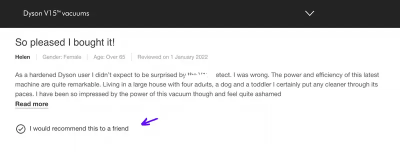 An NPS survey answer on Dyson