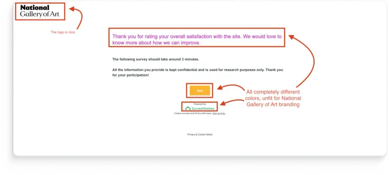 National Gallery of Art website serving two different feedback surveys back to back in the same visit.