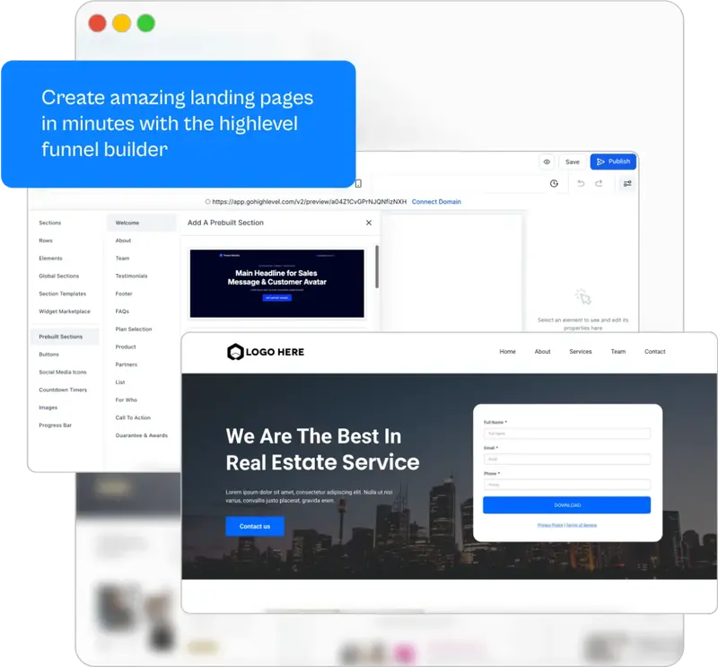 Go High Level landing page and funnel builder interface, showing how to create marketing pages quickly with prebuilt sections.
