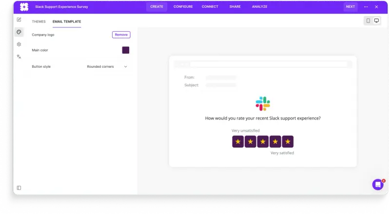 Survicate rebuild, Slack support experience survey (email template view):  Survicate email template editor for a Slack support experience survey, showing the first question embedded directly in the email body with a star rating and the Slack logo, styled in Slack purple.