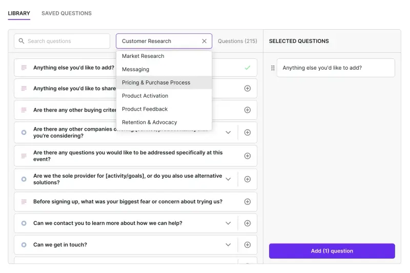 Searching through the saved questions in Survicate