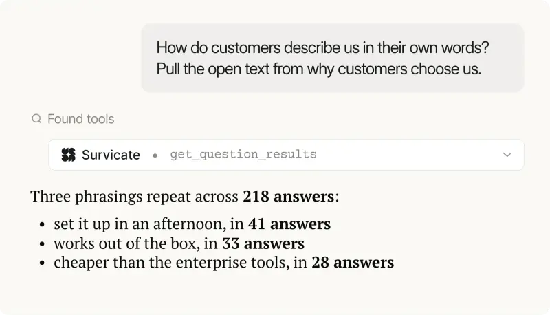 Survicate MCP surfacing the three phrasings customers repeat most across 218 open-text answers about why they chose the product