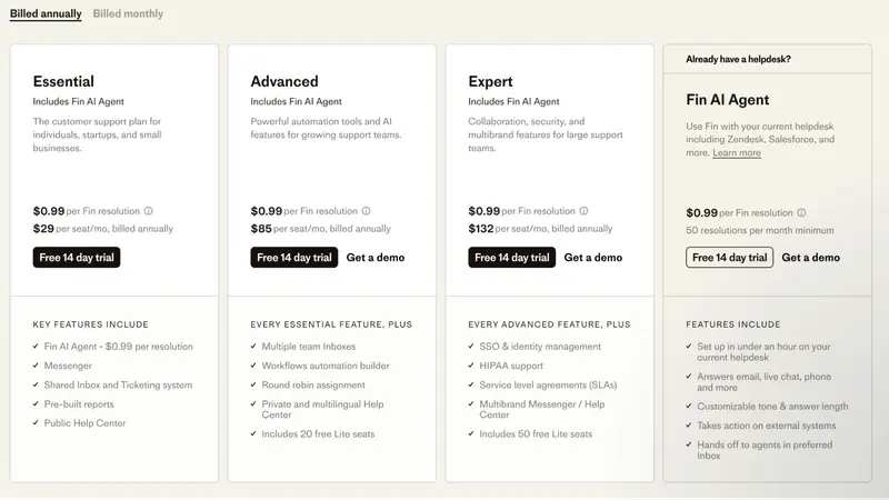 Intercom pricing plans for customer support, including Essential, Advanced, Expert, and Fin AI Agent options with features.