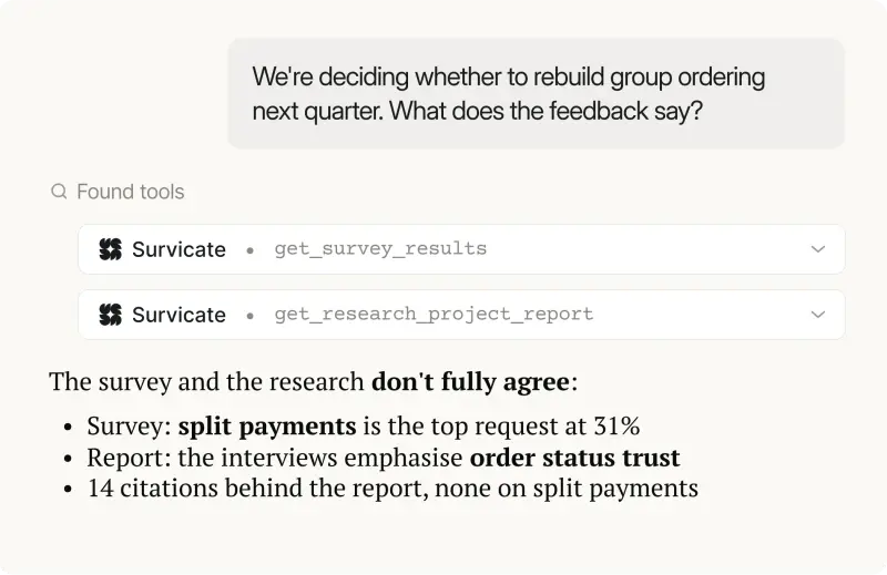 Survicate MCP comparing survey results and a research report on group ordering, showing the survey