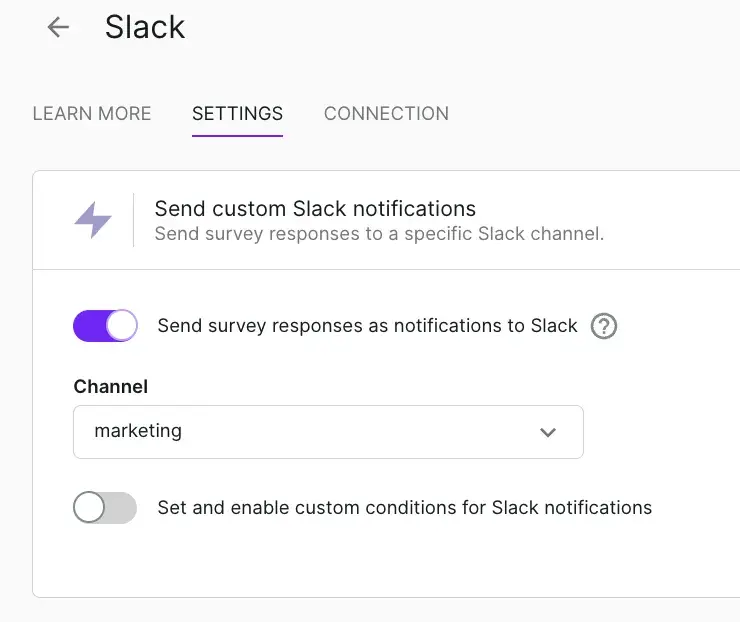 Sending survey responses as Slack notifications thanks to the Survcate and Slack integration that allows you to act on the feedback quickly.