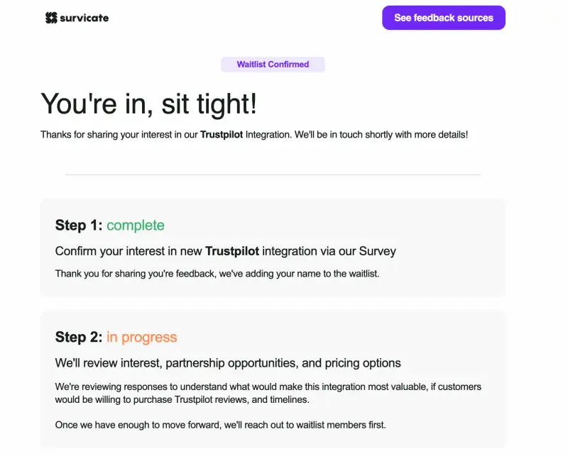 Example email informing Survicate users of next steps following their new feature feedback.