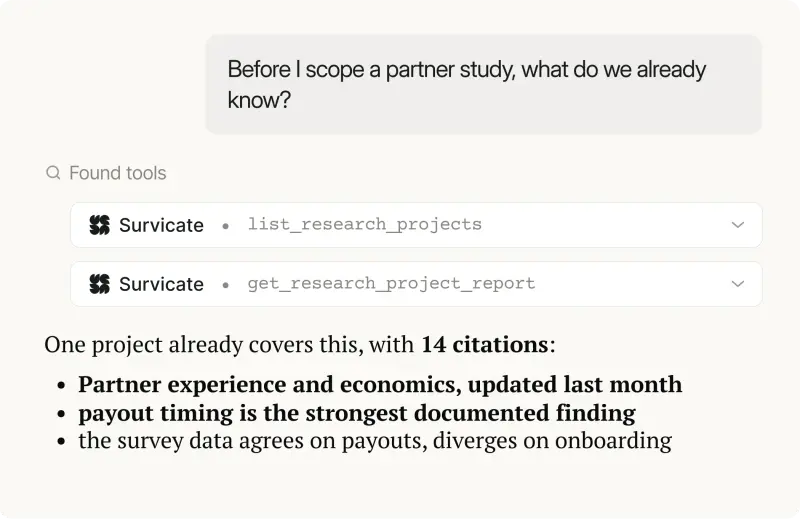 Survicate MCP returning an existing research project with 14 citations before a new partner study gets scoped