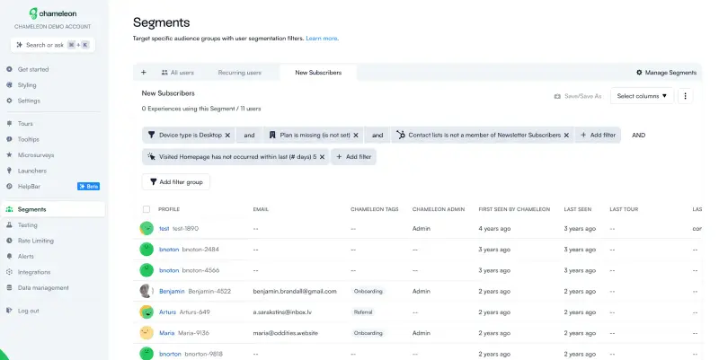 Example Segments view in Chameleon tool for product adoption