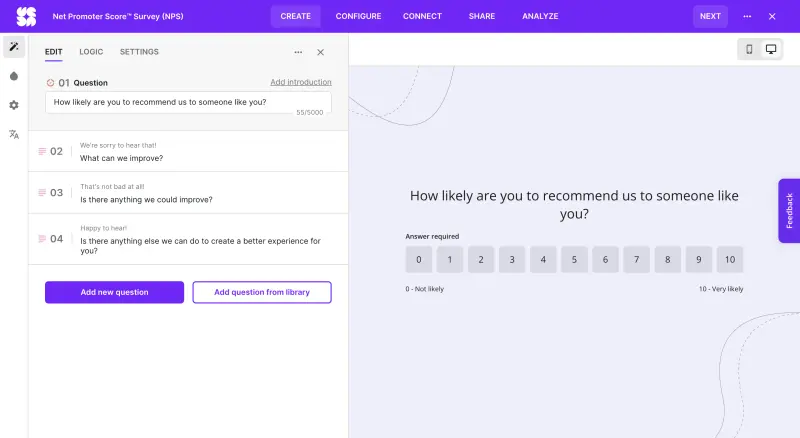 Example NPS survey in Survicate - a survey tool integrating with Salesforce to connect customer insights and sales data.