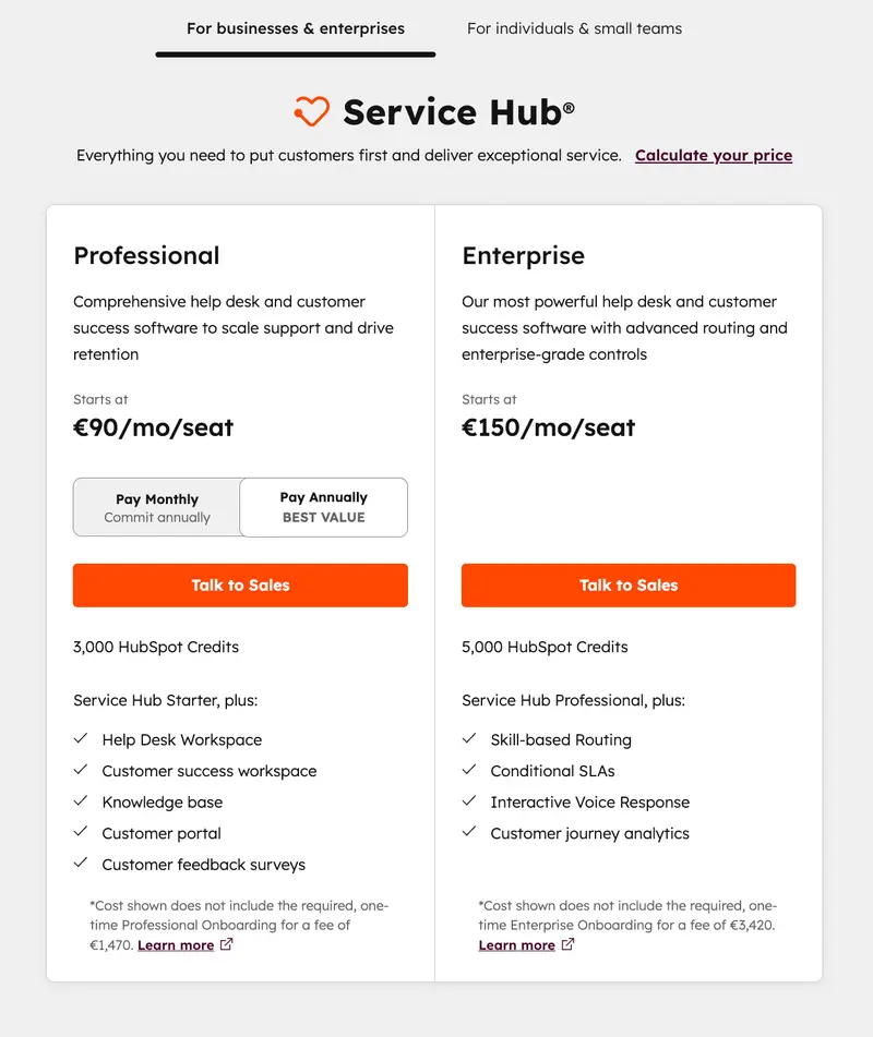 HubSpot Service Hub Professional and Enterprise pricing plans. See features and costs for enhanced customer service.