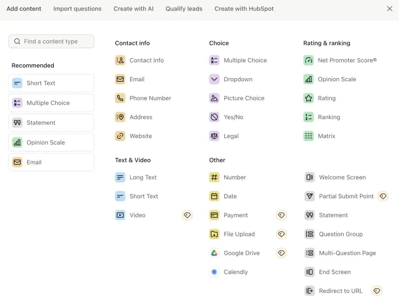 Different question types we can add in Typeform, from contact info to a picture choice.
